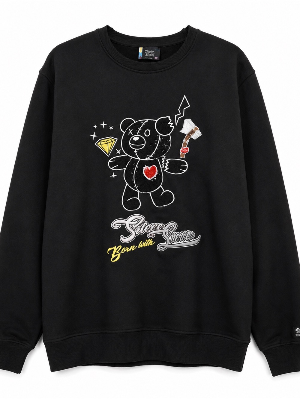Bleecker & Mercer Born With Silver Spoon Bear Crewneck L Black Y2K